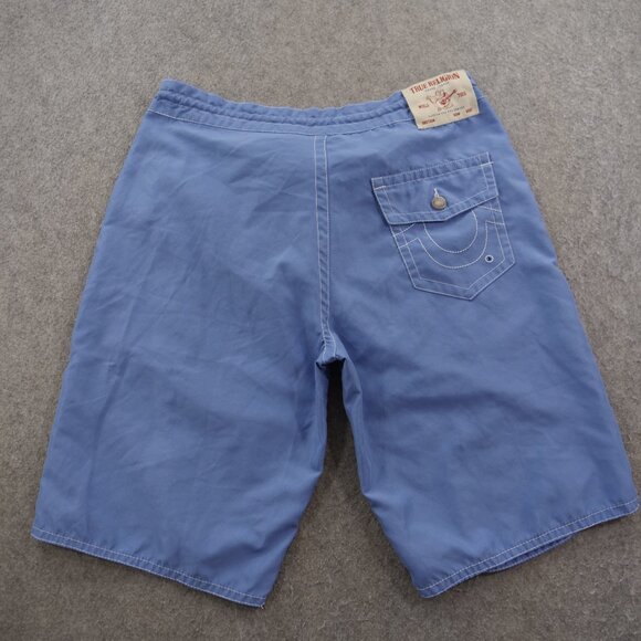 True Religion Shorts Mens 31 Blue Board Swim Surf Trunks Flip Pockets Drawstring - Picture 13 of 14
